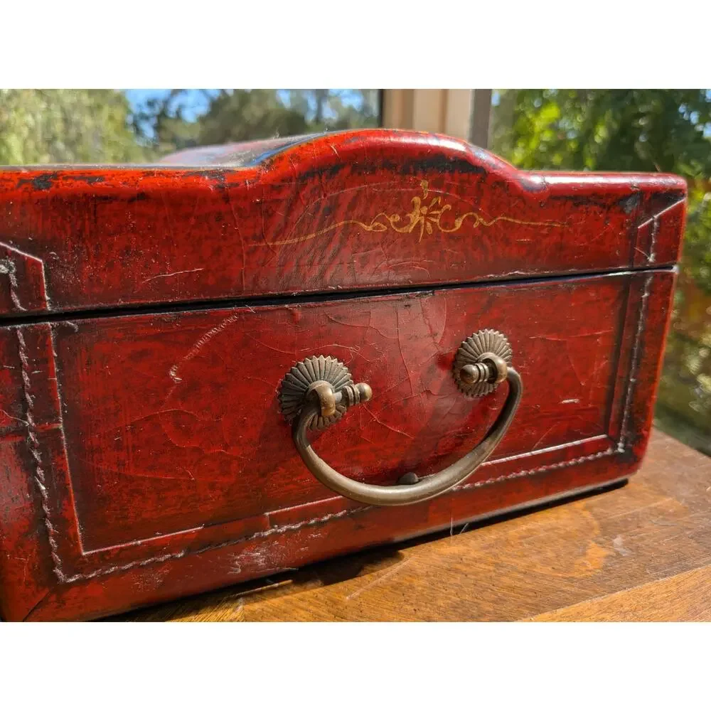 Antique Republic Period Chinese Red Lacquer Leather Trunk - Peacock - 13